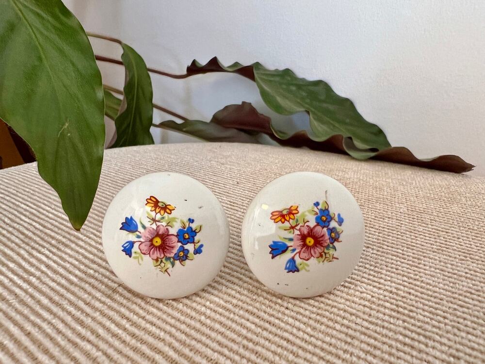 Ceramic Floral Drawer Pulls Set of 2 Vintage Blue Pink Flower Knobs